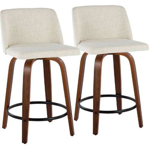 Toriano 24" Swivel Counter Stool in Walnut Wood & Cream Fabric with Black Footrest (Set of 2)